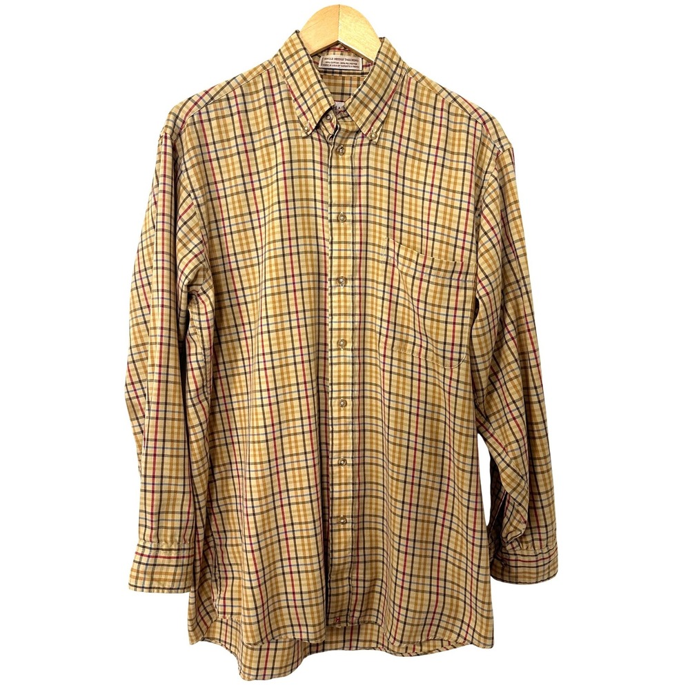 VTG 90s Hathaway Country Plaid Button Down‎ Shirt Tan Brown Tattersall M USA